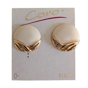 Coro Cream Gold Tone Round Pierced Earrings Vintage Retro